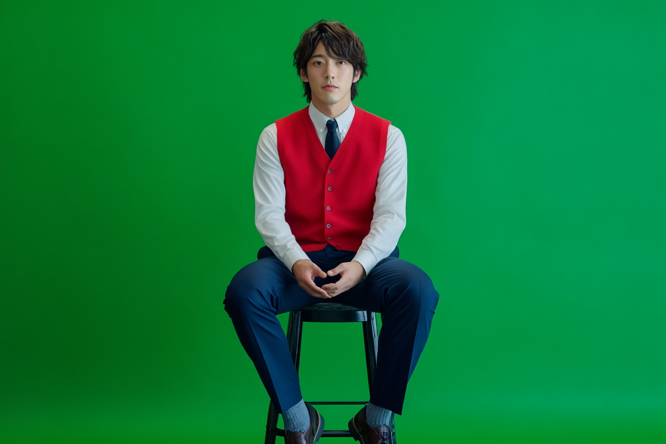 Approachable Japanese male in his twenties, sitting on iron stool.