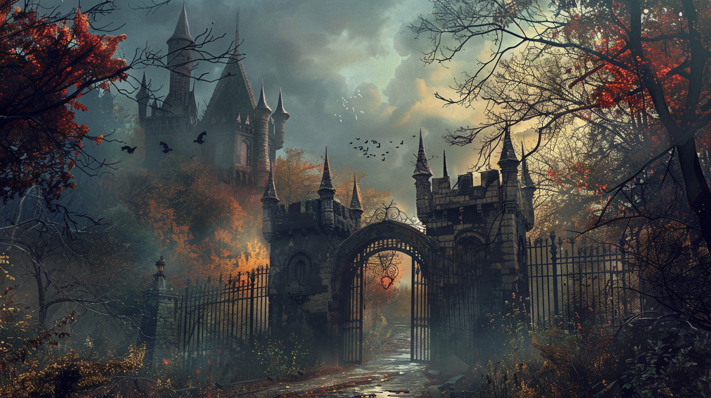 Approaching Abandoned Castle Gates Mid-day Autumn Fantasy Art