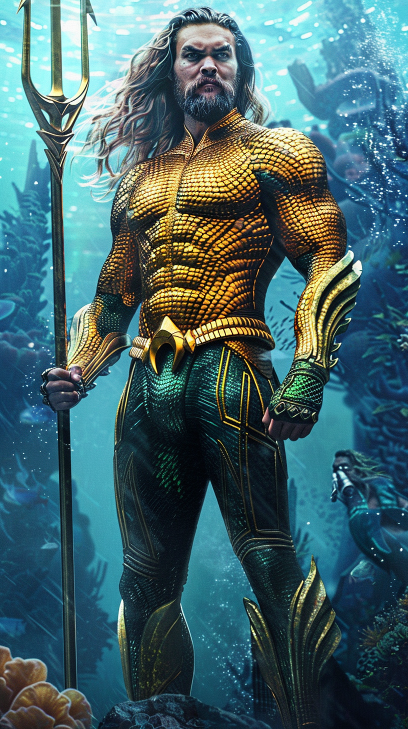 Aquaman in golden Atlantean armor with trident in hand.