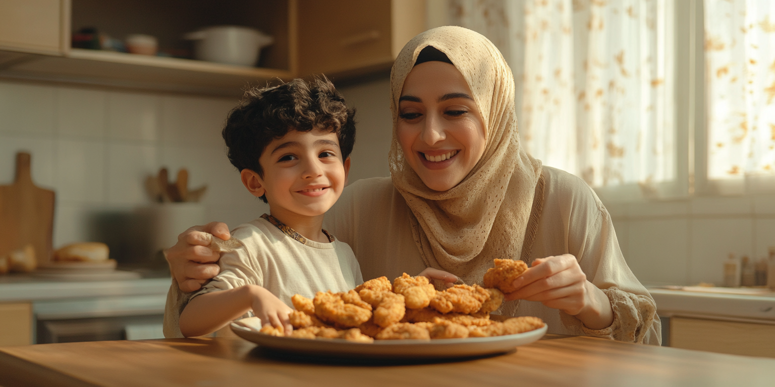 Arab Family Enjoying Chicken Strips in Ramadan Kitchen