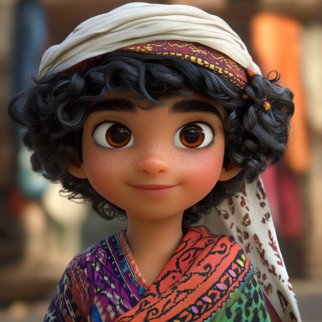 Arab boy with olive skin, curly hair, thobe, keffiyeh