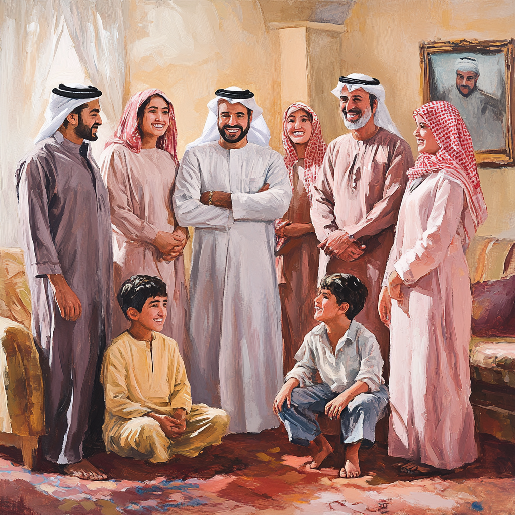 Arab family with 7 sons, 3 daughters, father, boy