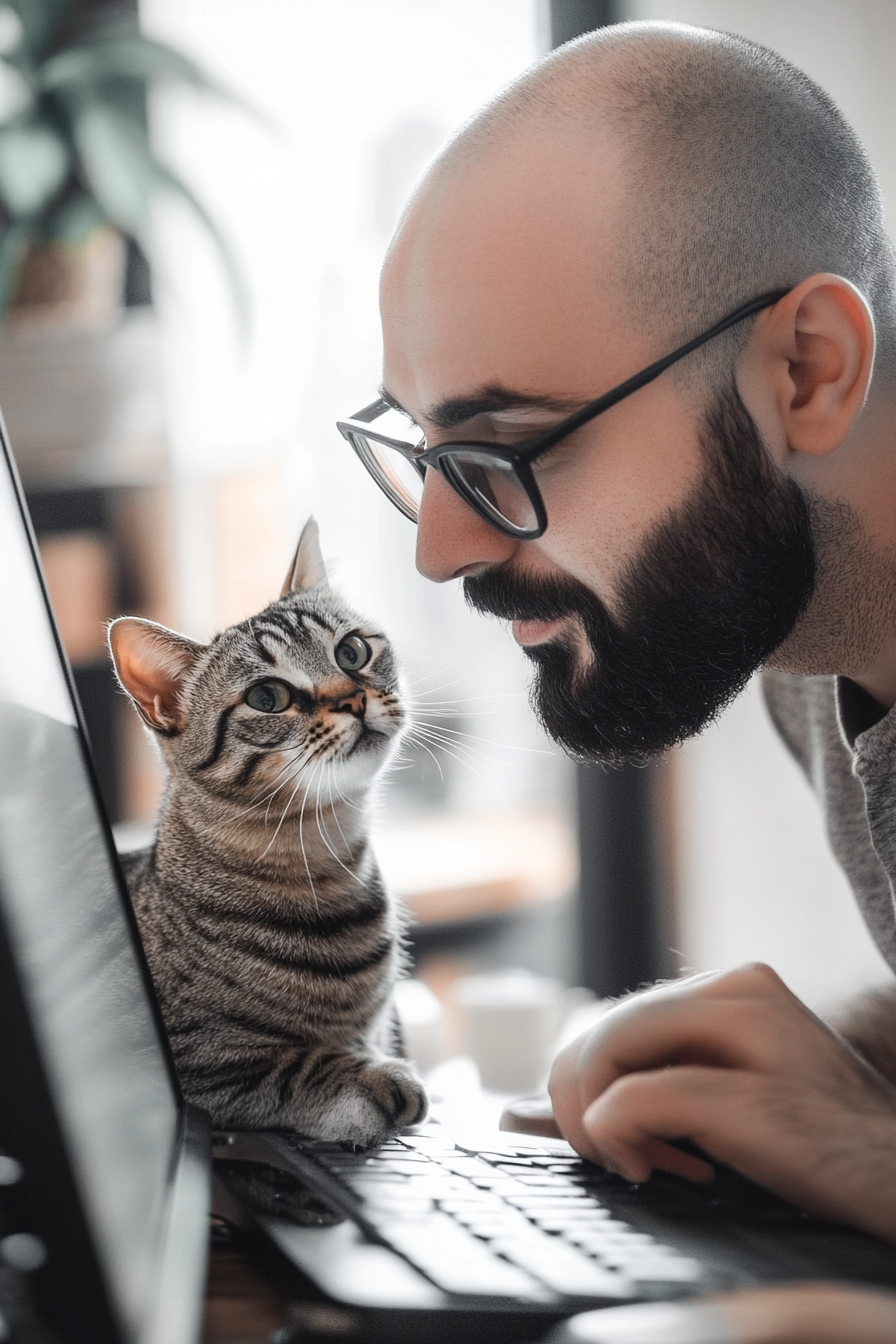 Arab male sales manager in Zoom with striped cat.