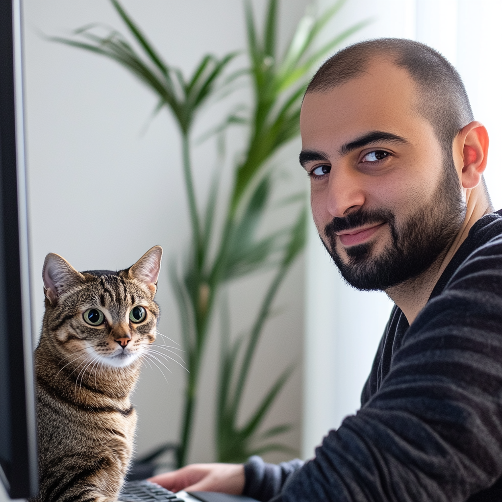 Arab man, cat in video meeting on computer camera.