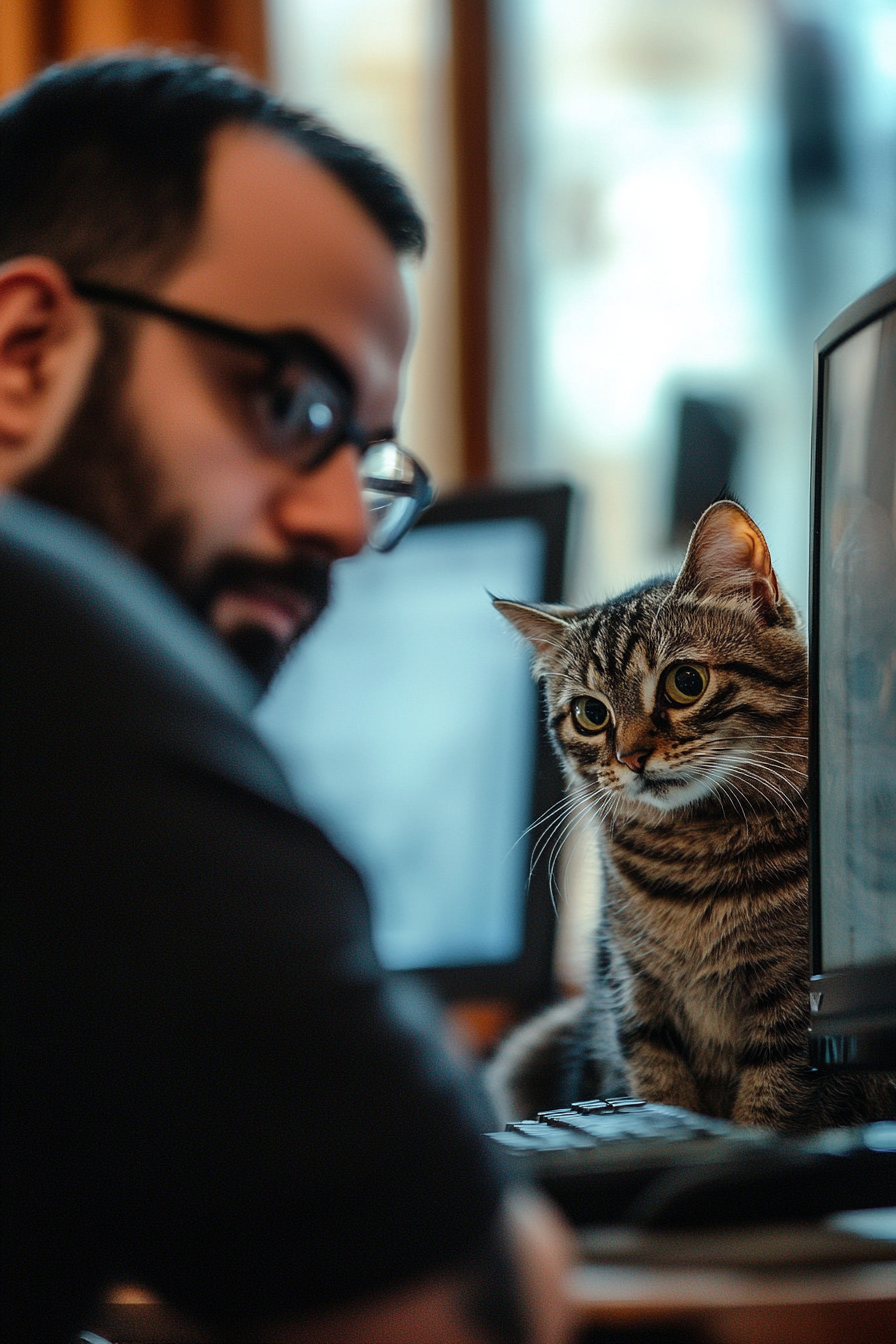 Arab man with cat interrupting zoom meeting.