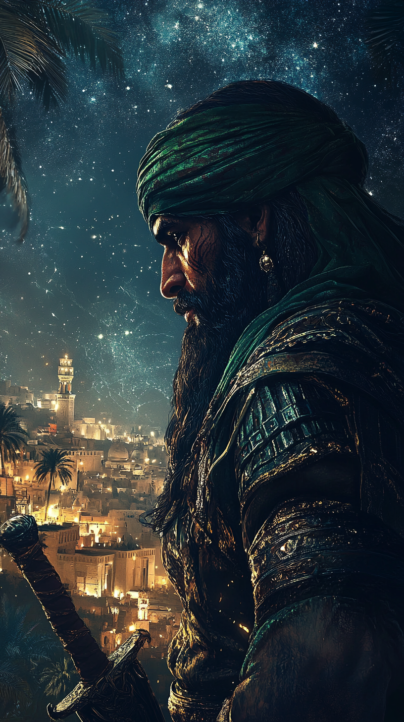 Arabian Warrior with Sword in Night Cityscape - AR 9:16