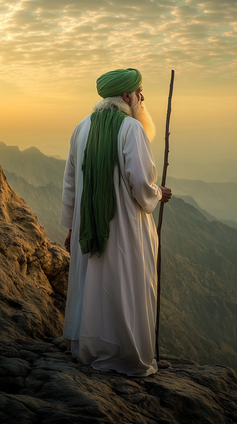 Arabian elder in traditional robes on mountain at sunset