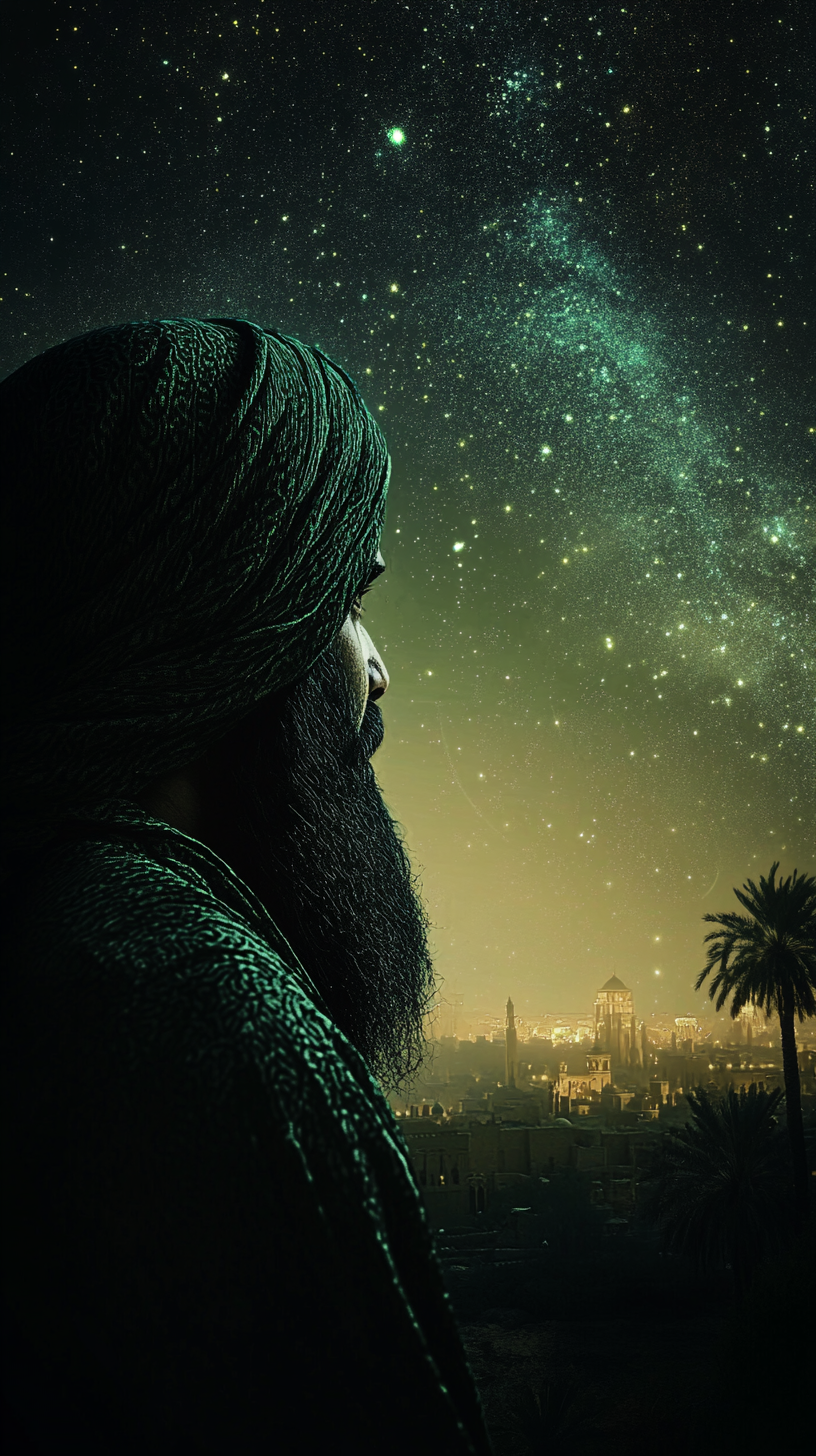 Arabian man in dark green scarf at night - ar 9:16