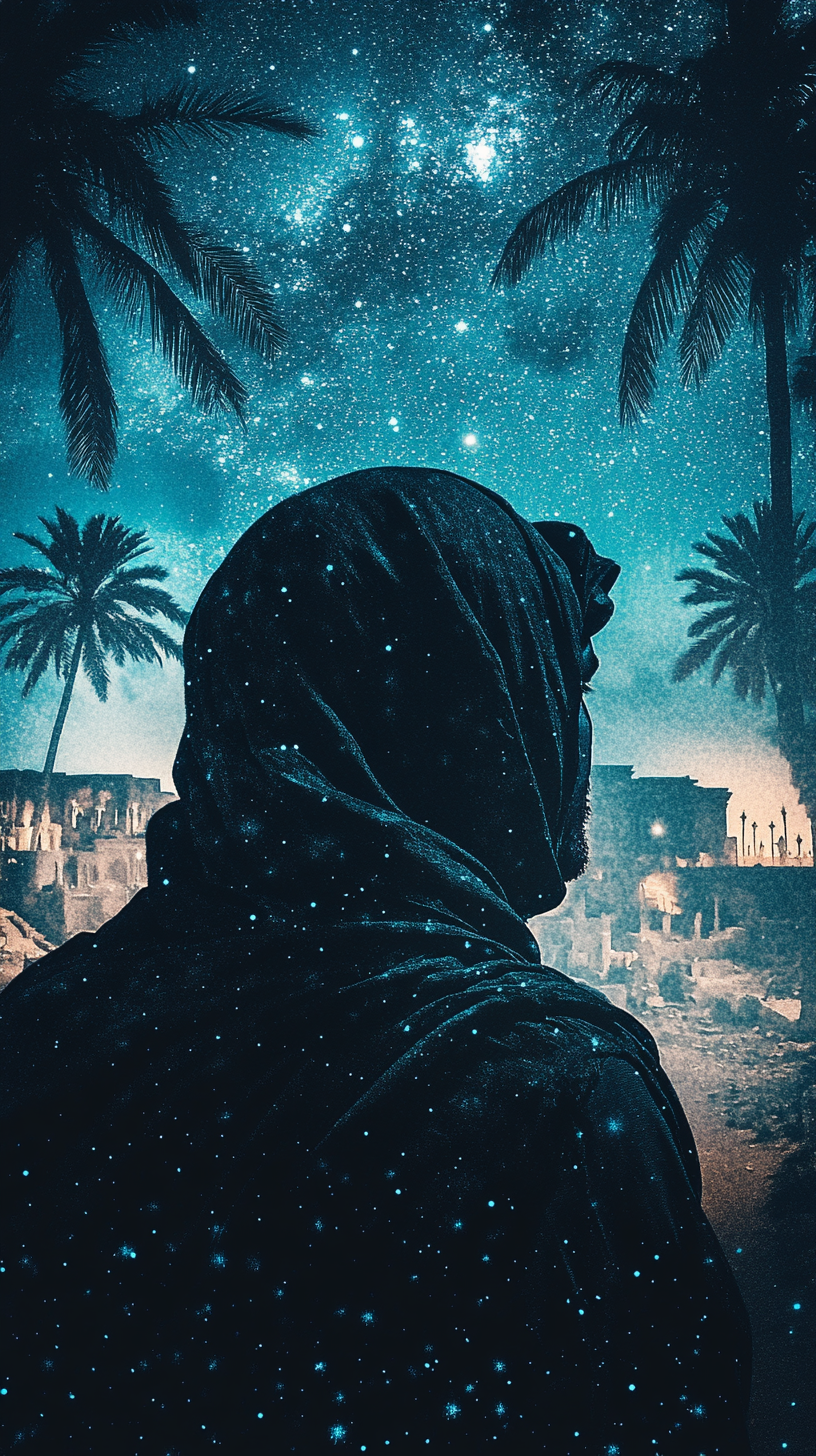 Arabian man in scarf gazes at night cityscape -ar 9:16