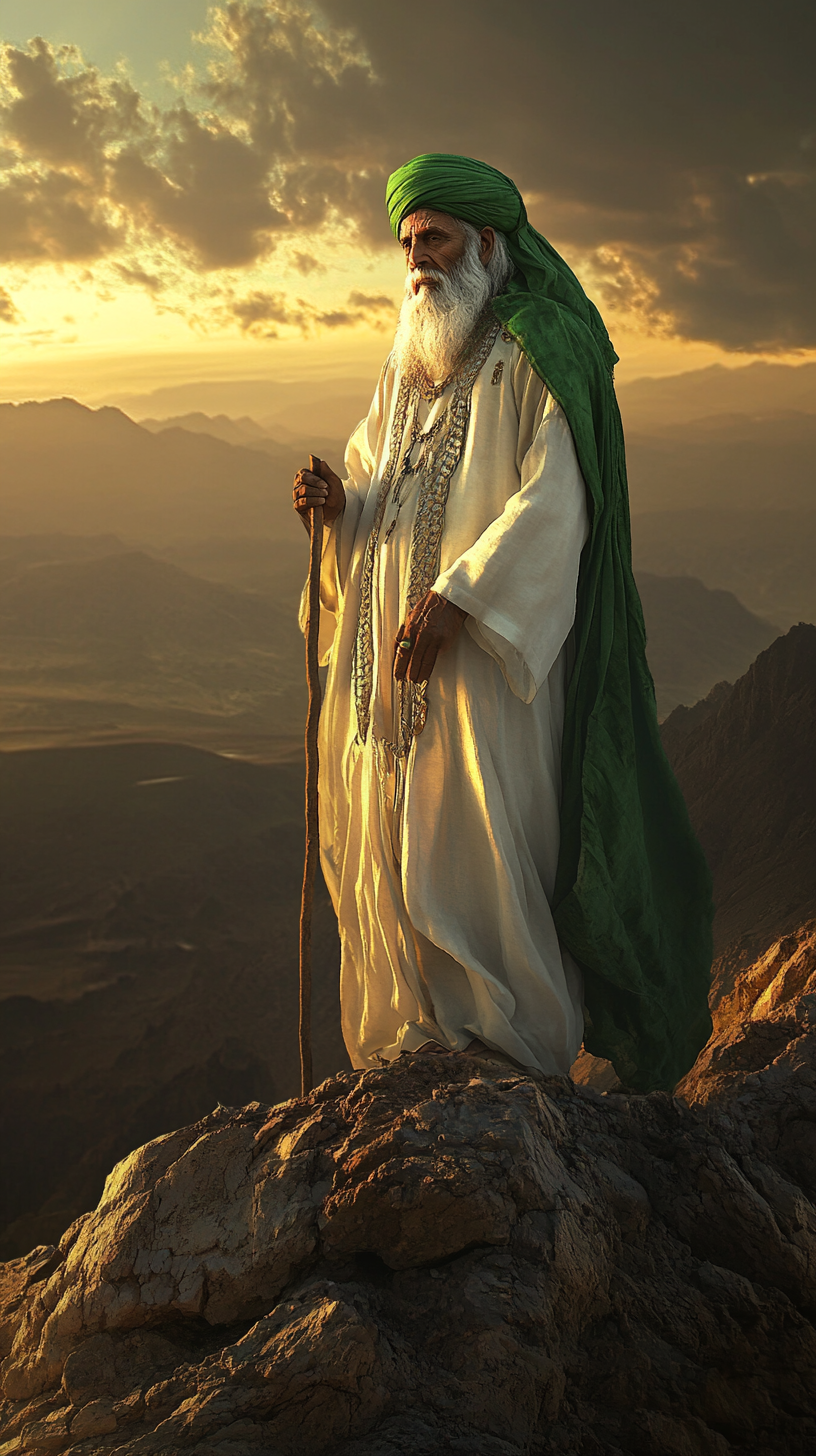 Arabian man in traditional robes on mountain at sunset