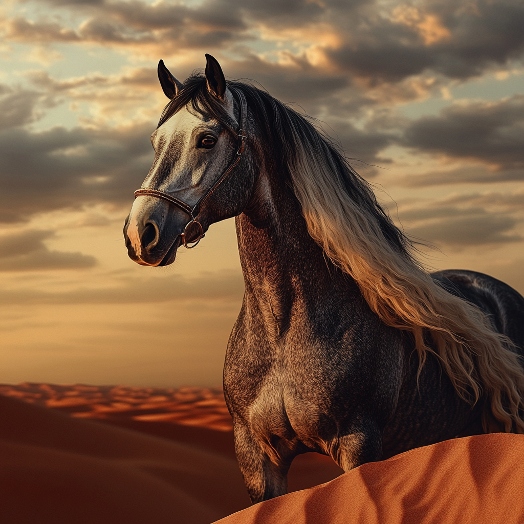 Arabian mare horse in desert at dusk, 8k detail.