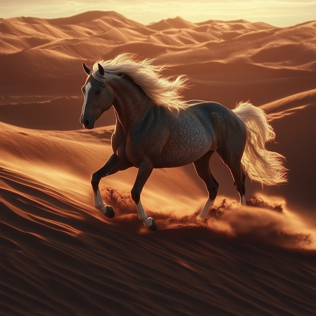 Arabian mare horse running in desert at dusk.