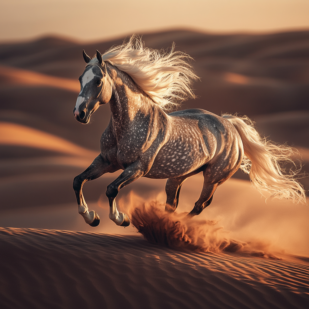 Arabian mare horse with dark gray dapple coat.