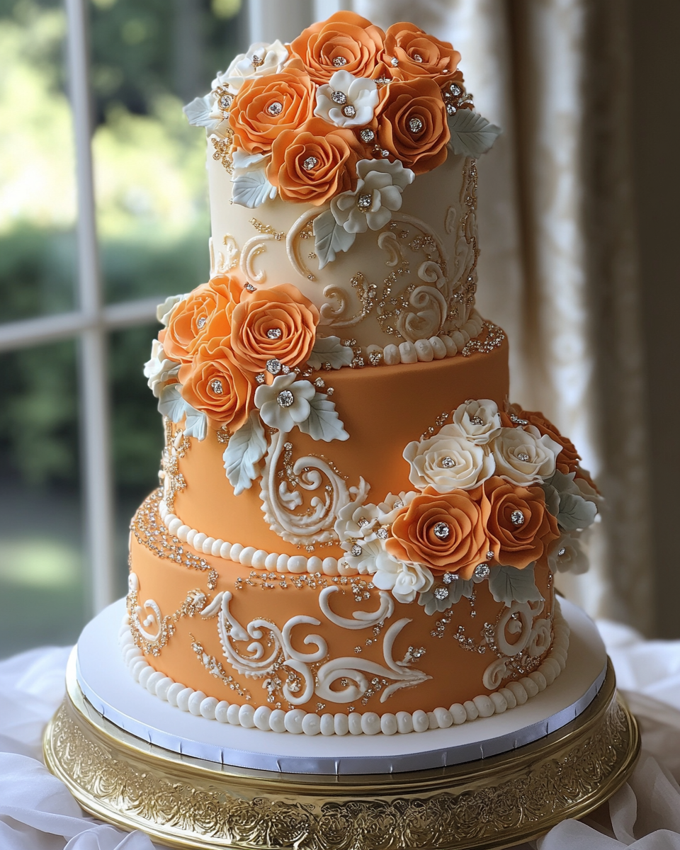 Arabic Inspired Tangerine and Gold Tiered Cake