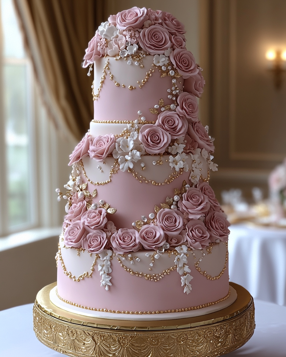 Arabic-Inspired Tiered Cake with Pink Roses and Gold Accents