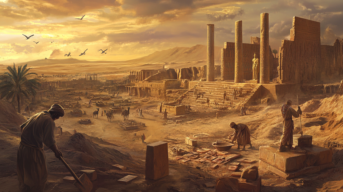 Archaeologists Excavating Ancient Mesopotamian Ruins at Sunset