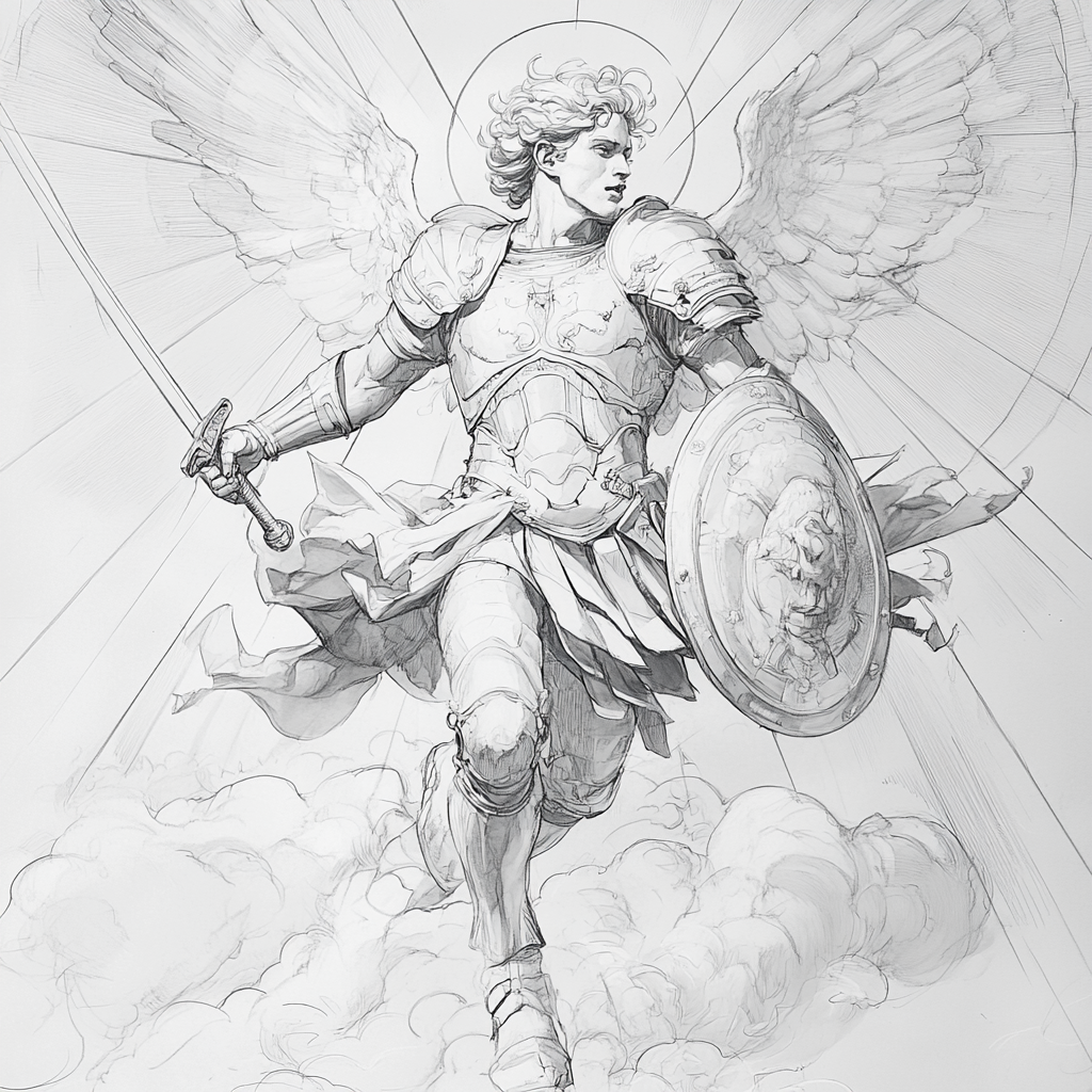 Archangel Michael Defeats Satan in Dramatic Line Art