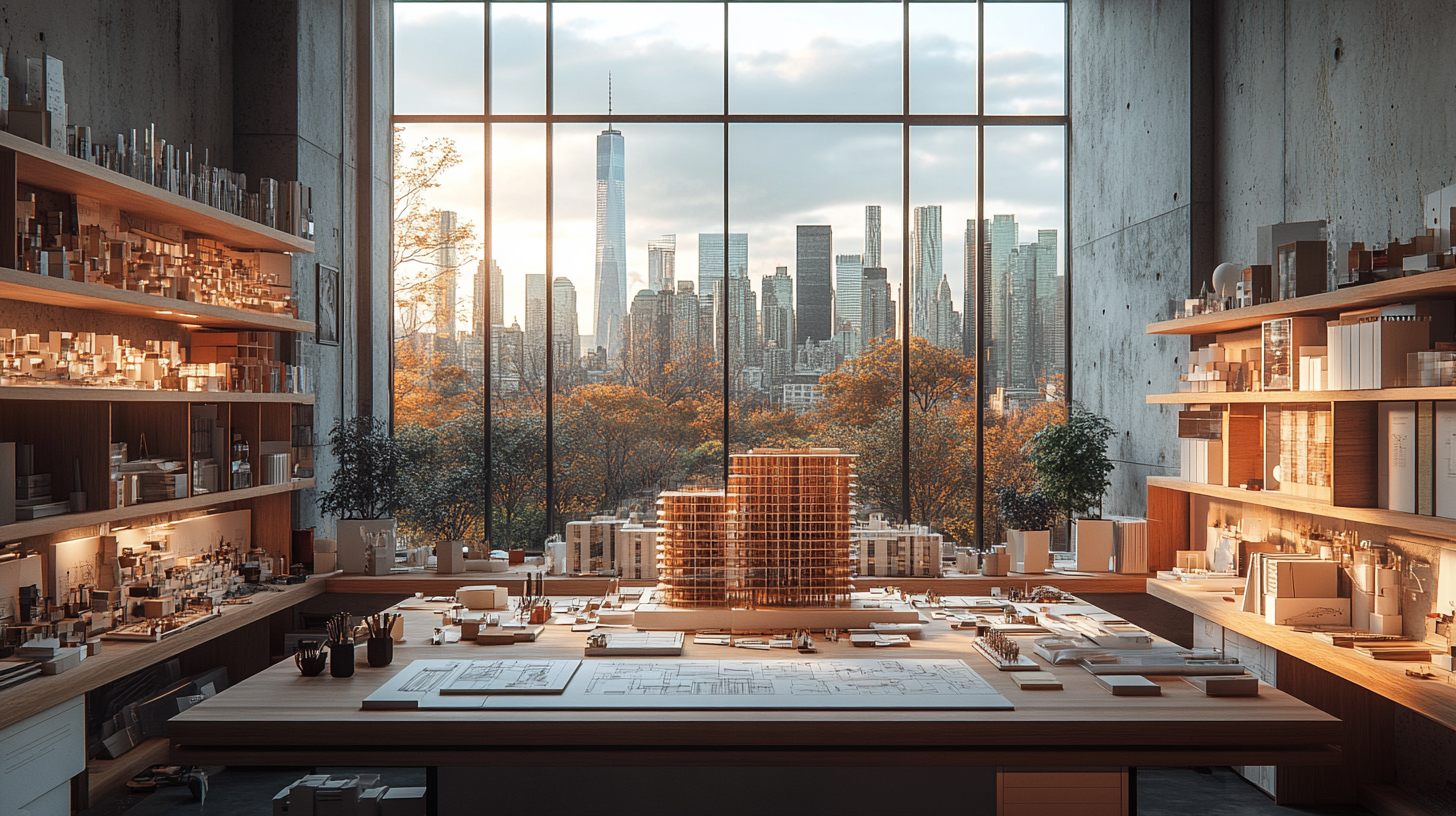 Architect's office with models, city view, blueprints, decor