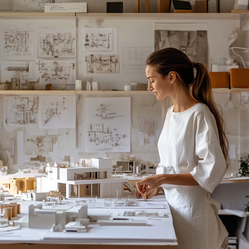 Architect displays scale models in studio, technical drawings posters.