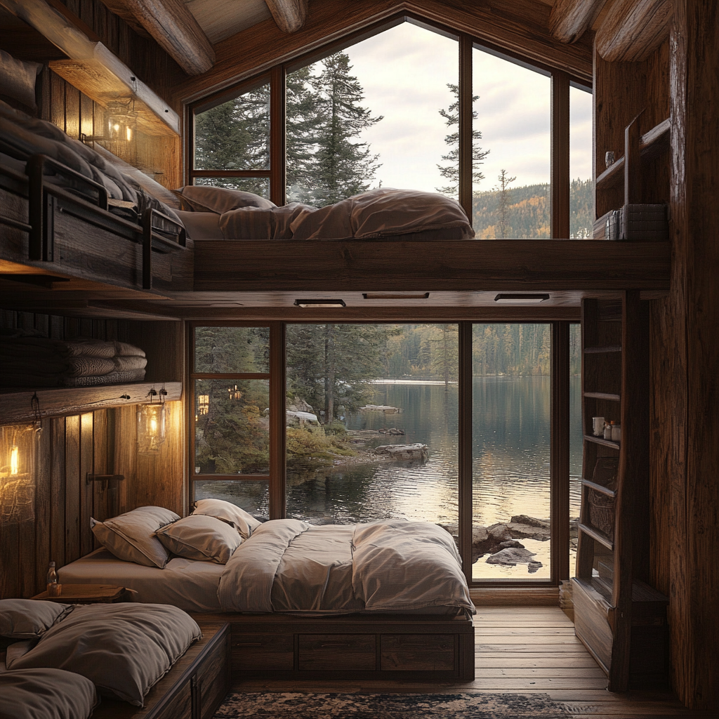 Architectural design of cabin with lake view, cozy beds.