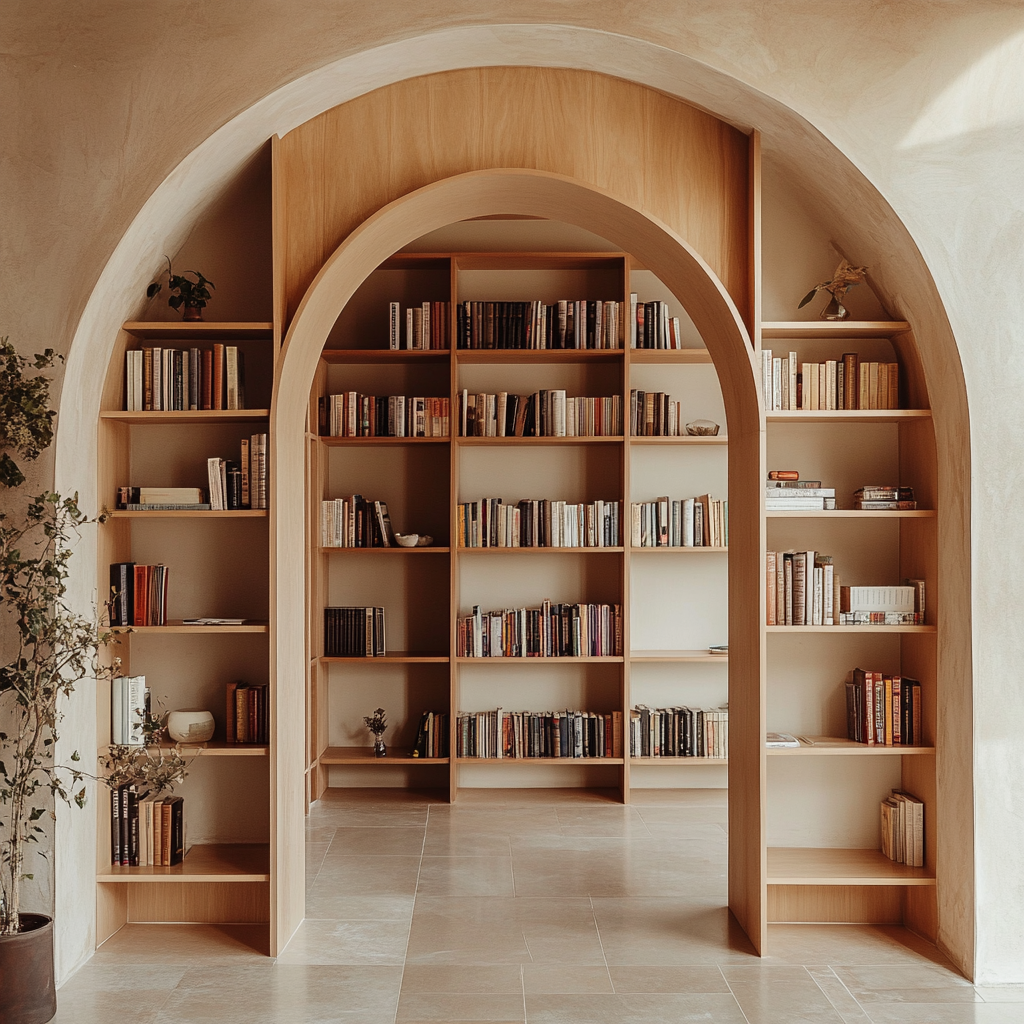 Archway bookshelf with wooden shelves filled with books and plants