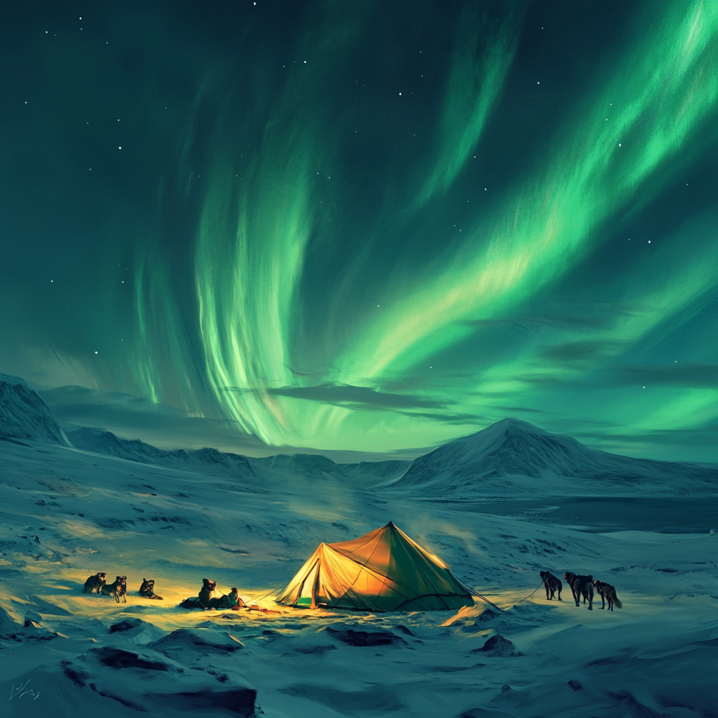 Arctic Explorer's Camp: Tent, Sled Dogs, Northern Lights