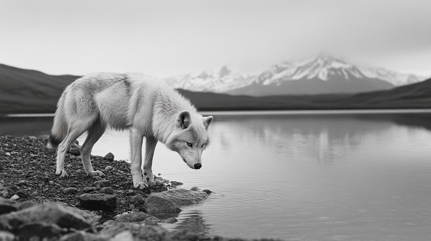 Arctic Wolf drinking from Alaskan lake, Denali in background.