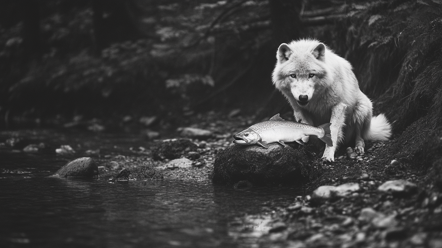 Arctic wolf eating salmon near Alaskan forest creek.