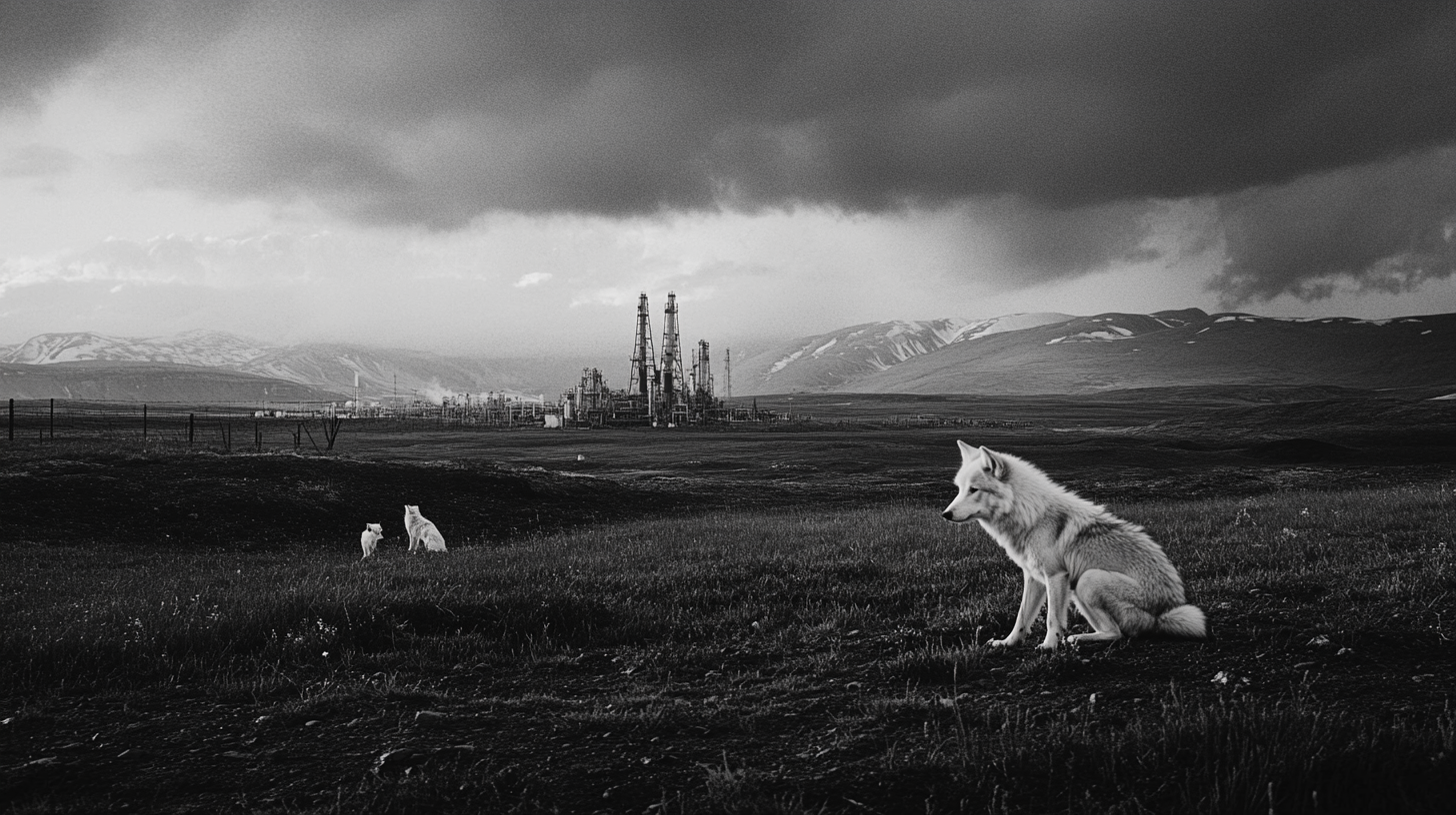 Arctic wolf family on Alaskan tundra, Exxon plant nearby.