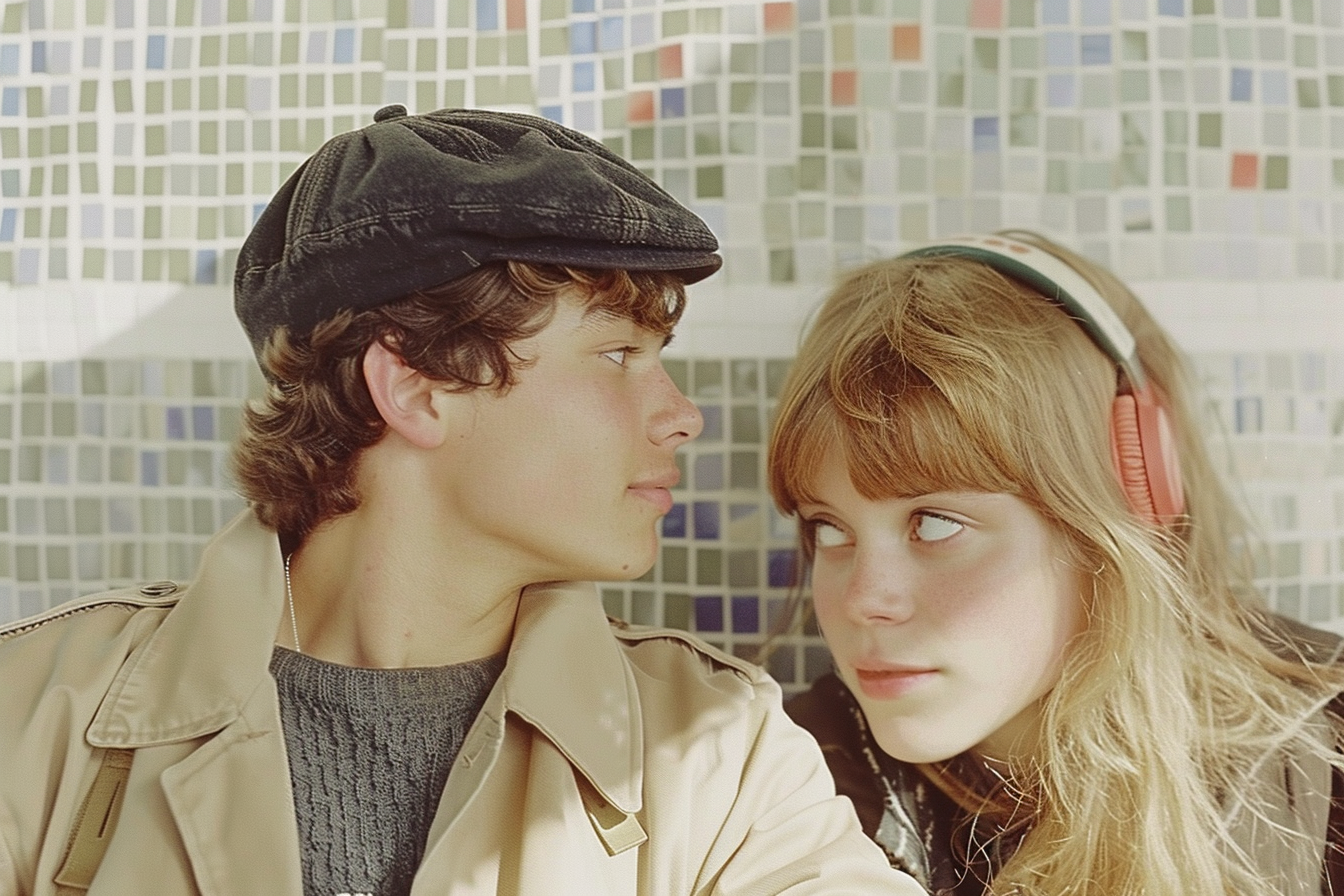 Argentinian boy in black cap looks lovingly at orange-haired girl.