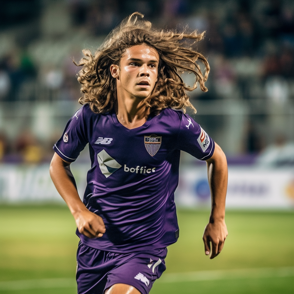 Argentinian football player in Fiorentina's purple jersey sprinting.