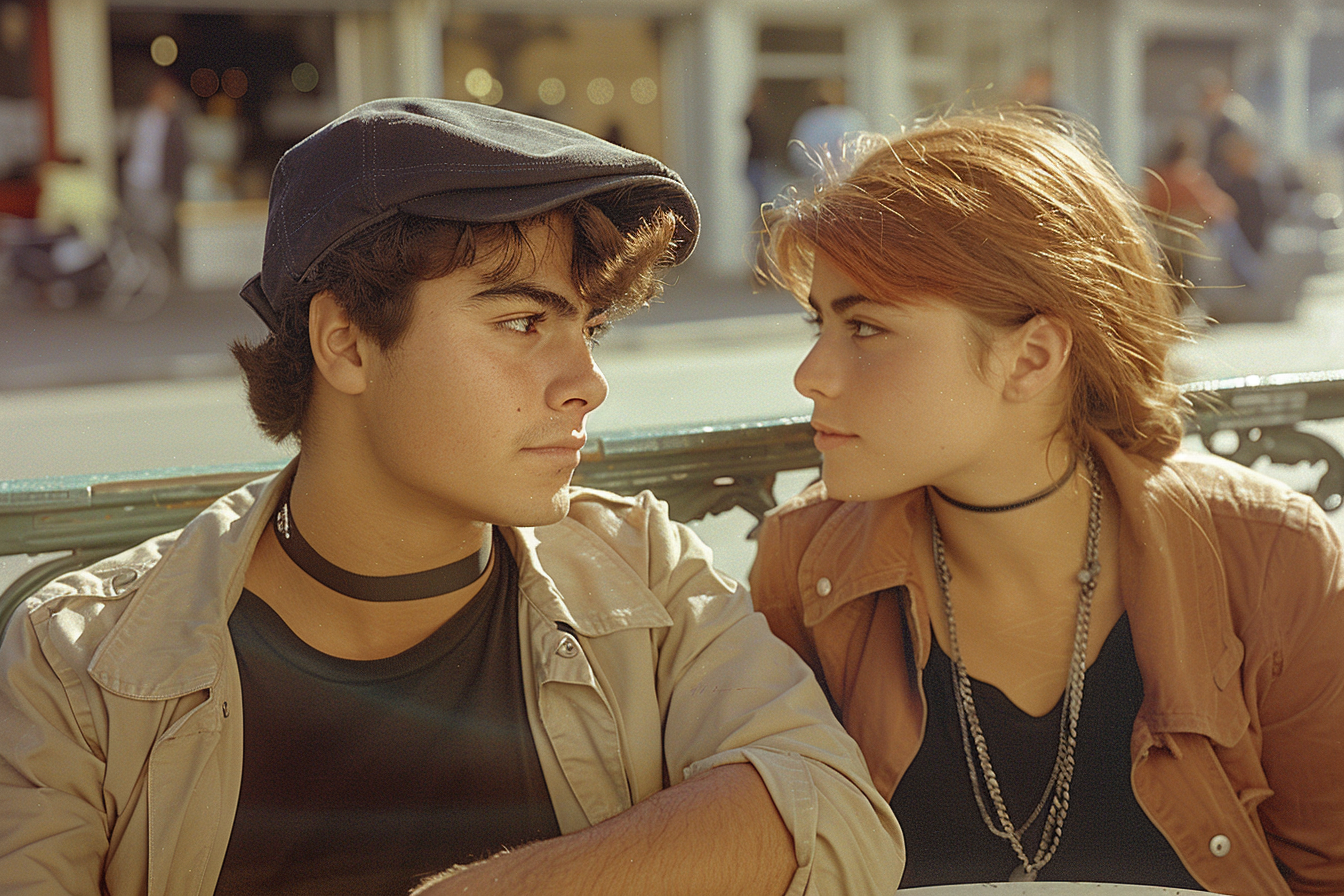 Argentinian man in trenchcoat looking lovingly at redhead girl.