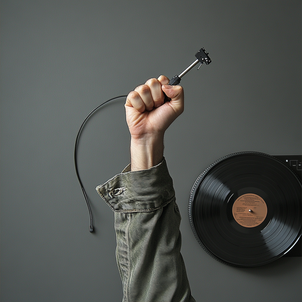 Arm with fist holds flying needle, playing music