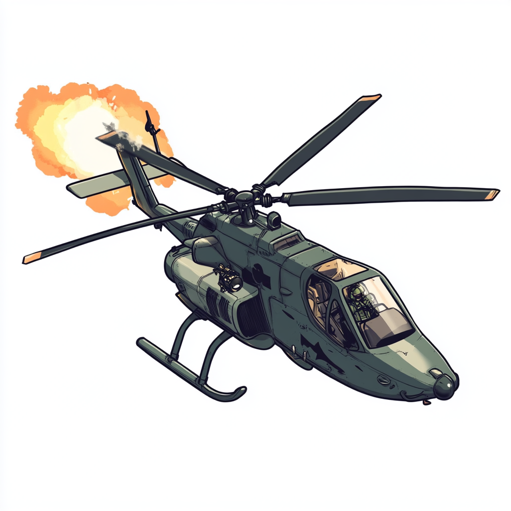 Arma 3 bird helicopter firing missiles in cartoon style.