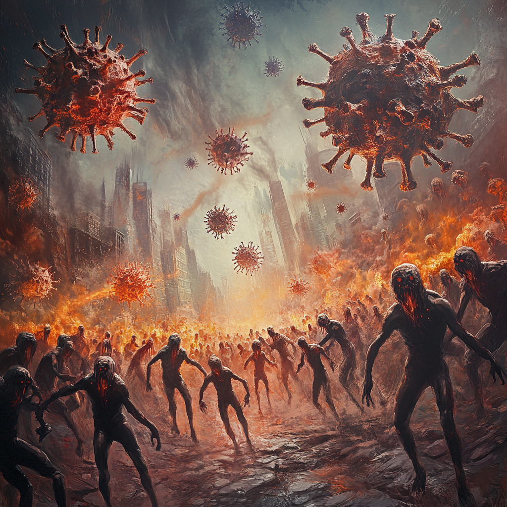 Armies of COVID viruses attacking people with modern weapons.