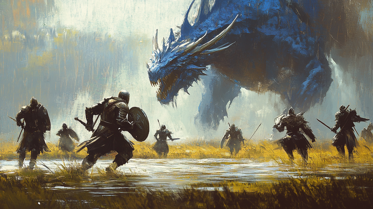 Armored warriors battle blue dragon in Dungeons & Dragons art