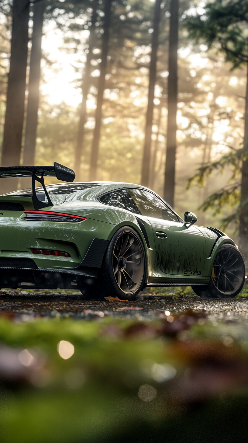 Army green Porsche GT3 RS among misty forest dawn.