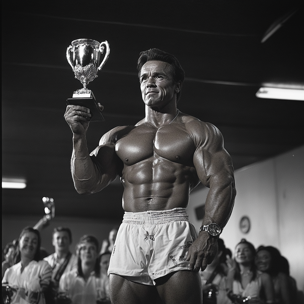 Arnold Schwarzenegger showing muscular body and lifting trophy.