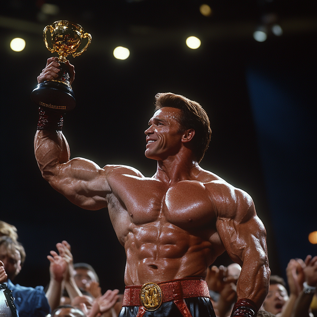 Arnold Schwarzenegger showing off muscles, lifting trophy. Applause.