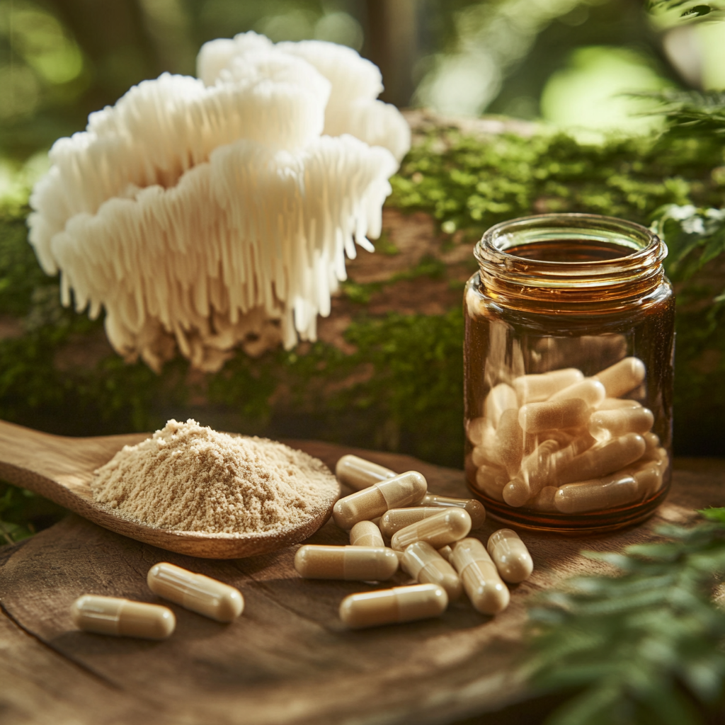 Arrangement of Lion's Mane mushroom supplements on display.