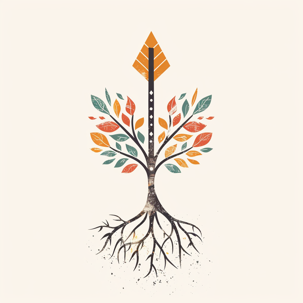 Arrow emerges from flourishing roots in nature-themed logo.