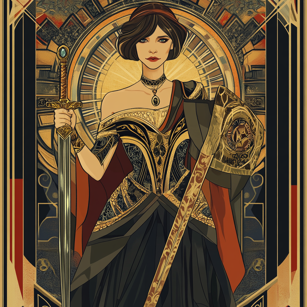 Art Deco elegance: female Jack with sword and shield.