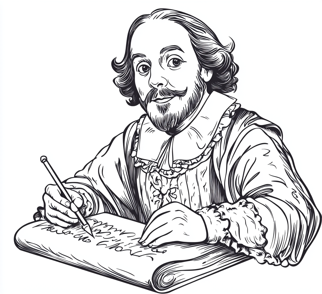 Art coloring page of William Shakespeare writing on scroll.