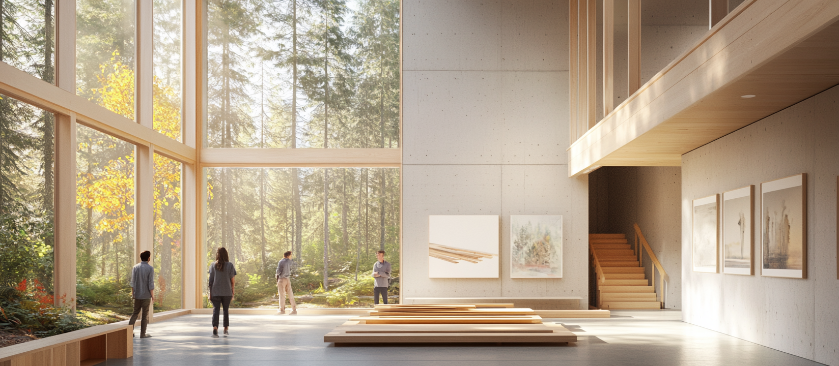 Art gallery with timber, concrete, glass set in woods.