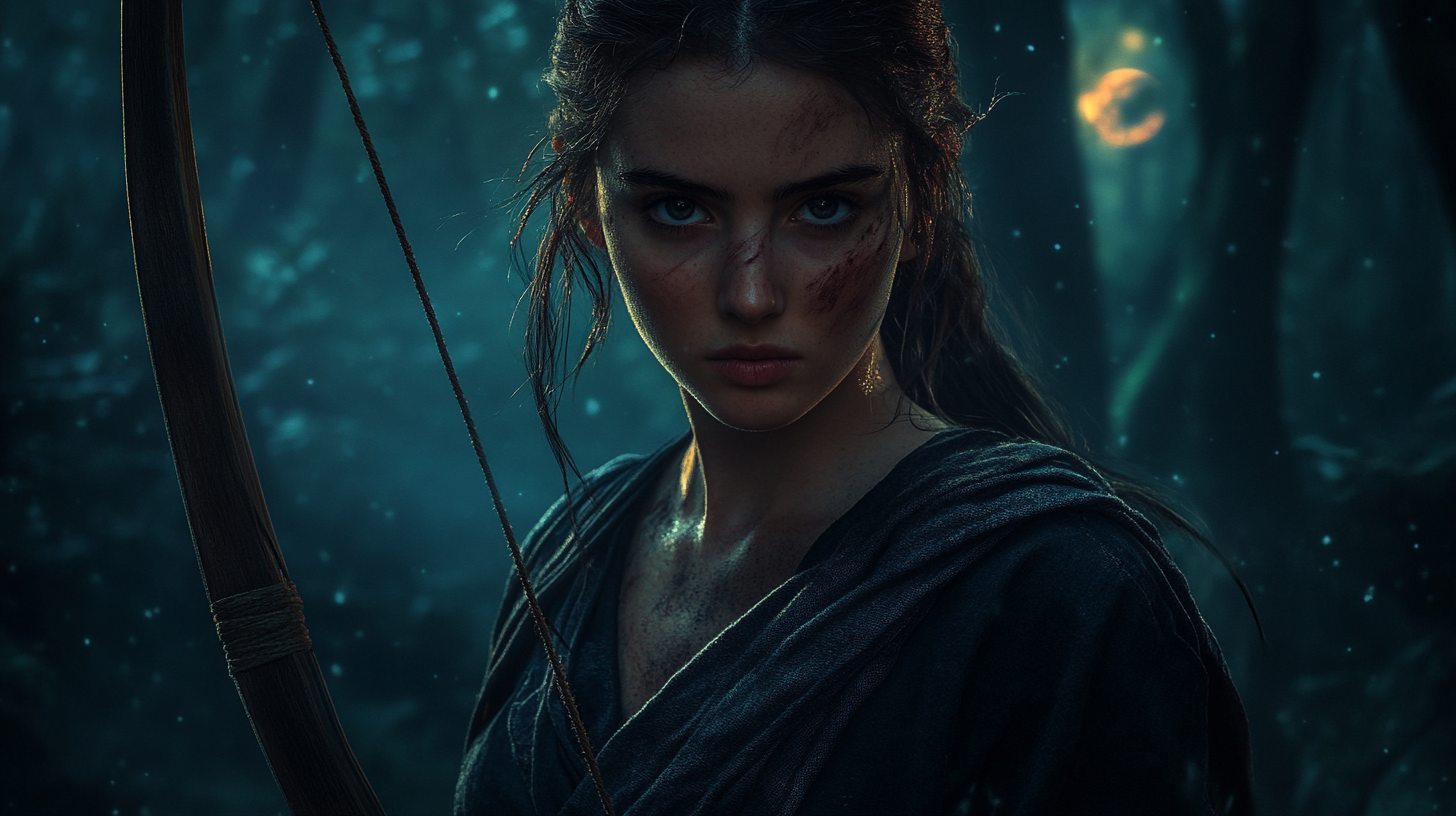 Artemis with Her Bow in Moonlit Forest