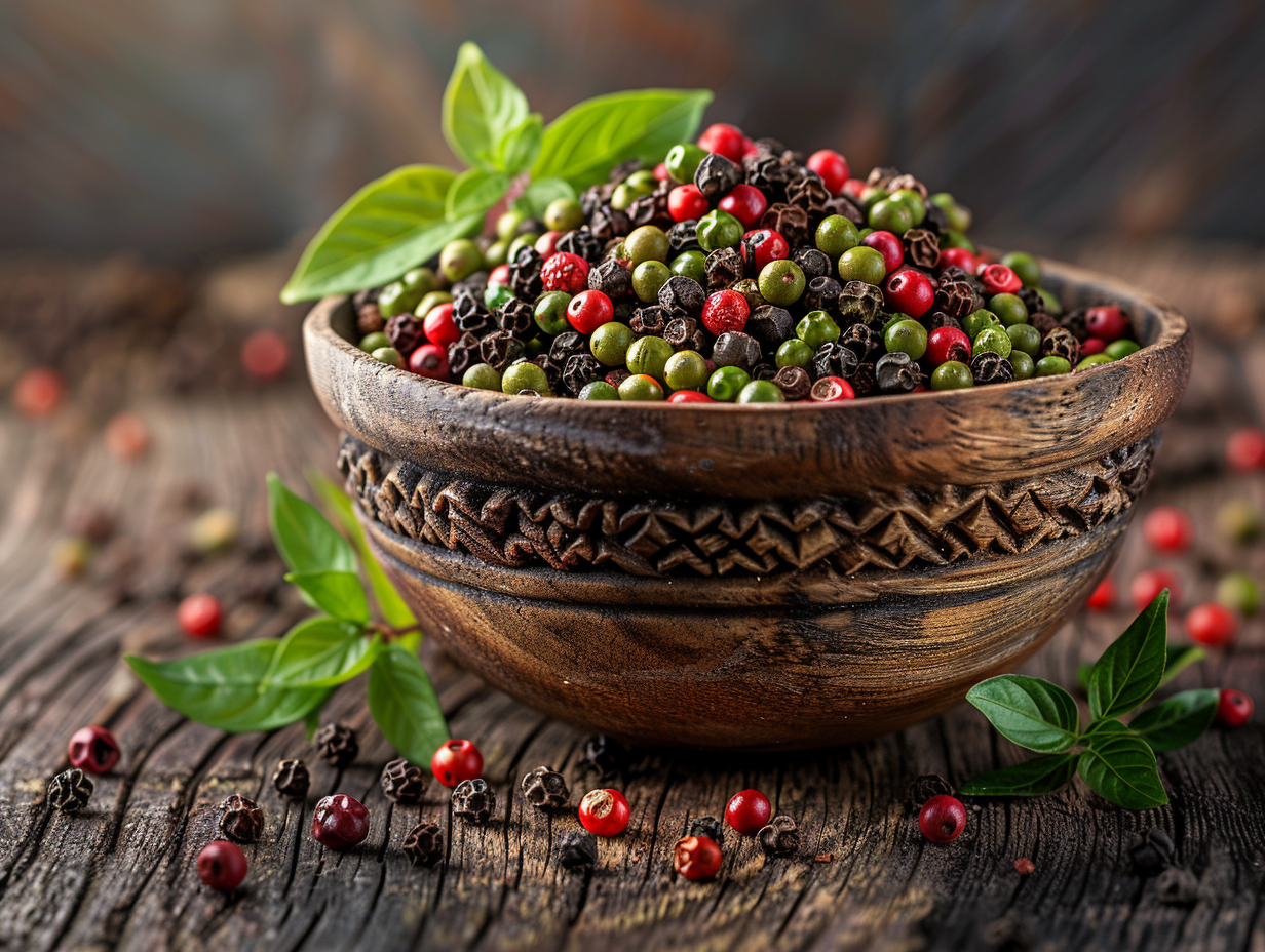 Artful Display of Kampot Peppercorns on Rustic Wood