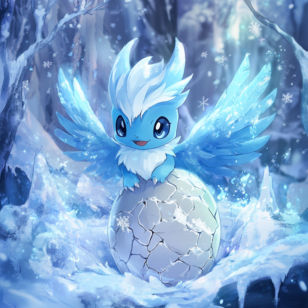 Articuno hatches from frosty egg in magical ice scene.