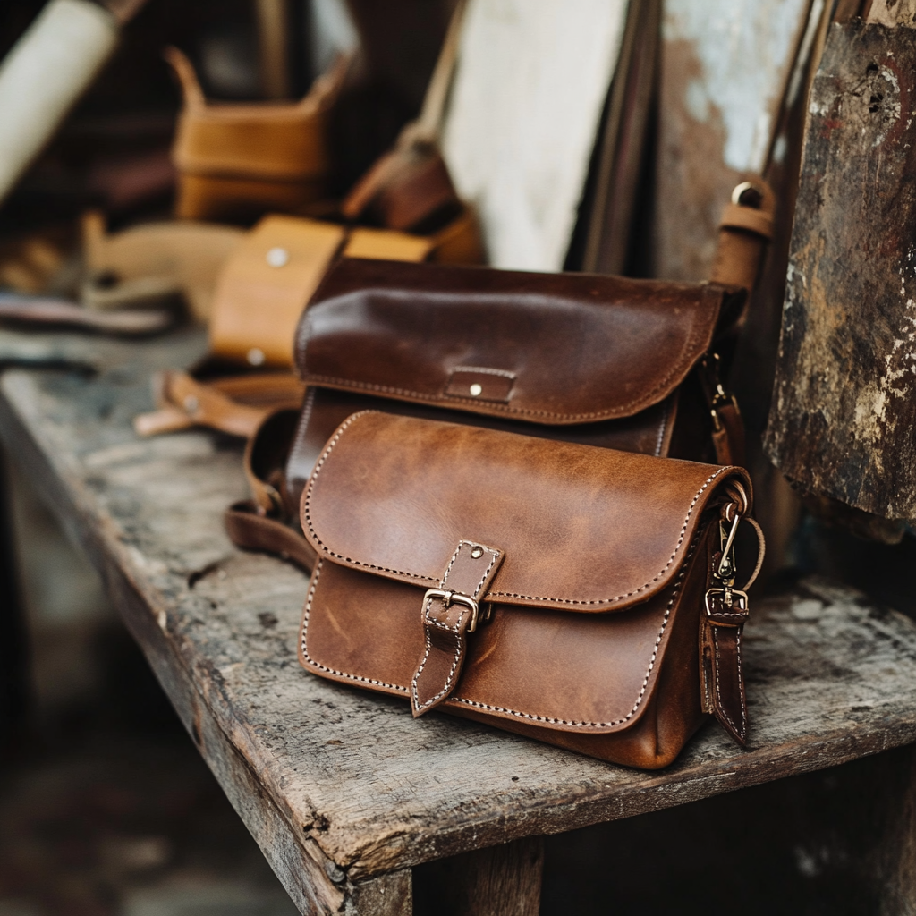 Artisanal Nicaraguan Leather Crossbody Bags on Wooden Workbench