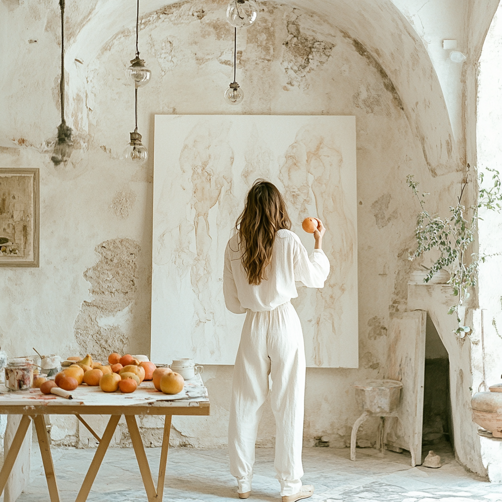 Artist painting on pastel wall, girl holding fruits in villa.