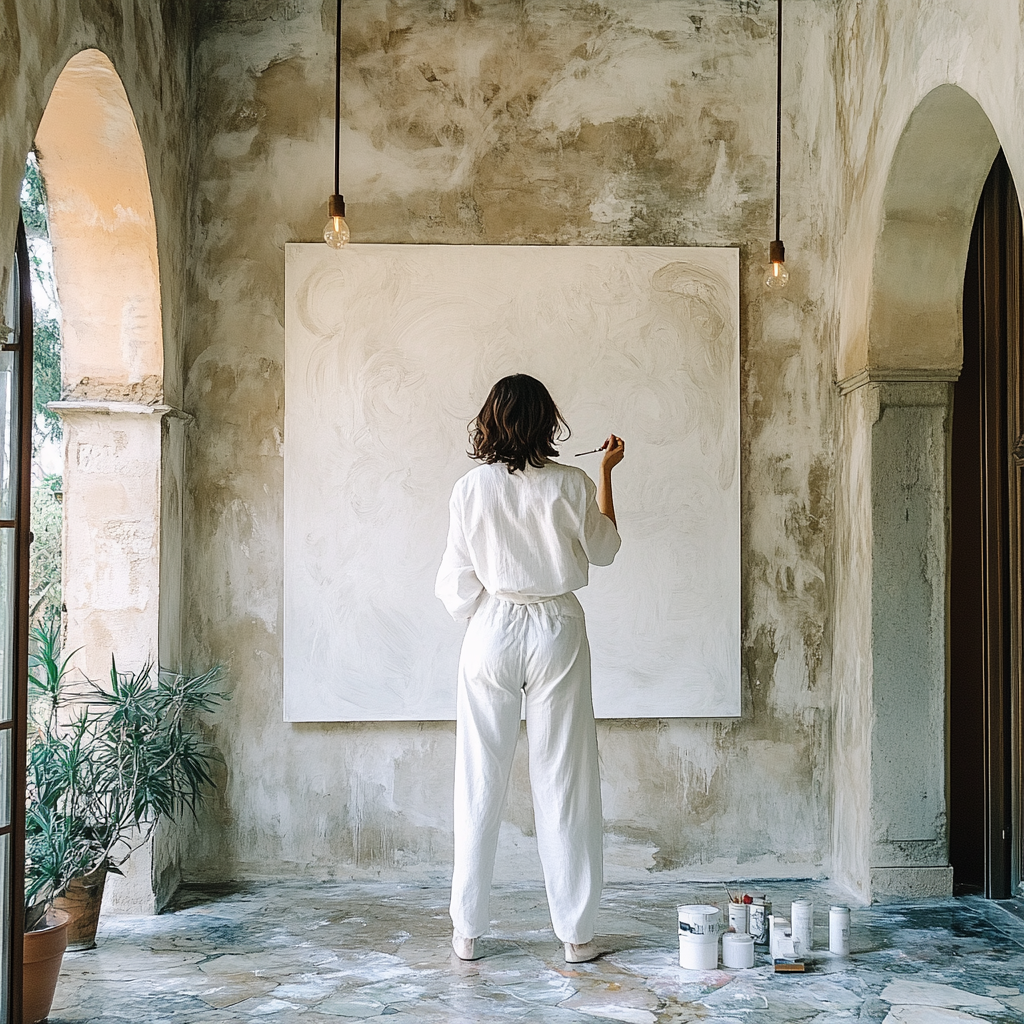 Artist painting on wall, girl with white attire admire